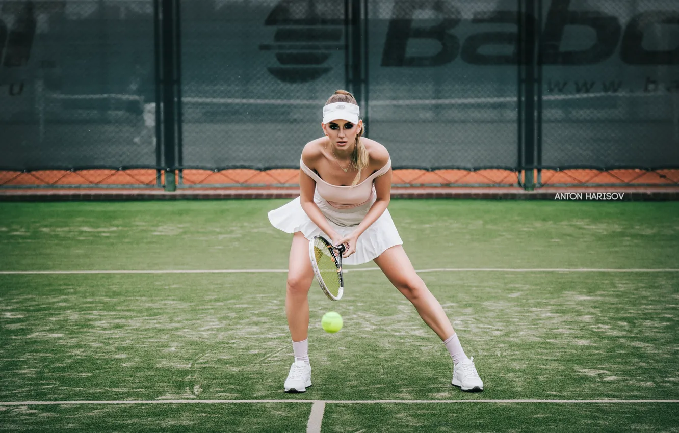 Photo wallpaper girl, pose, racket, the ball, tennis, court, Anton Kharisov, Katrin Sarkozy