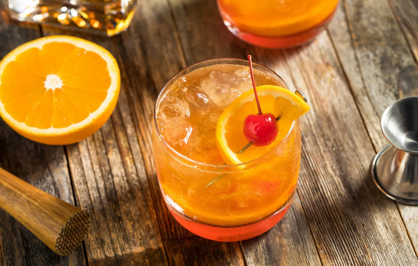 Photo wallpaper ice, cherry, glass, Board, glass, orange, juice, cocktail