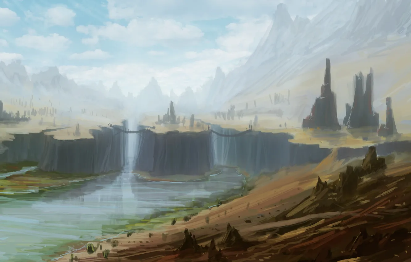 Photo wallpaper the sky, clouds, mountains, river, rocks, art