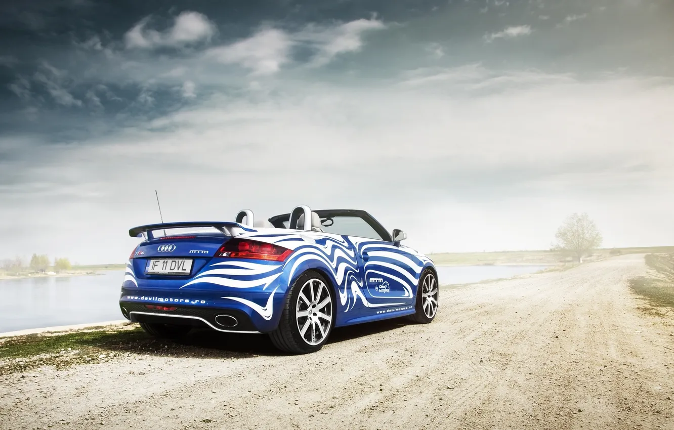 Photo wallpaper road, machine, auto, the sky, clouds, nature, river, Audi