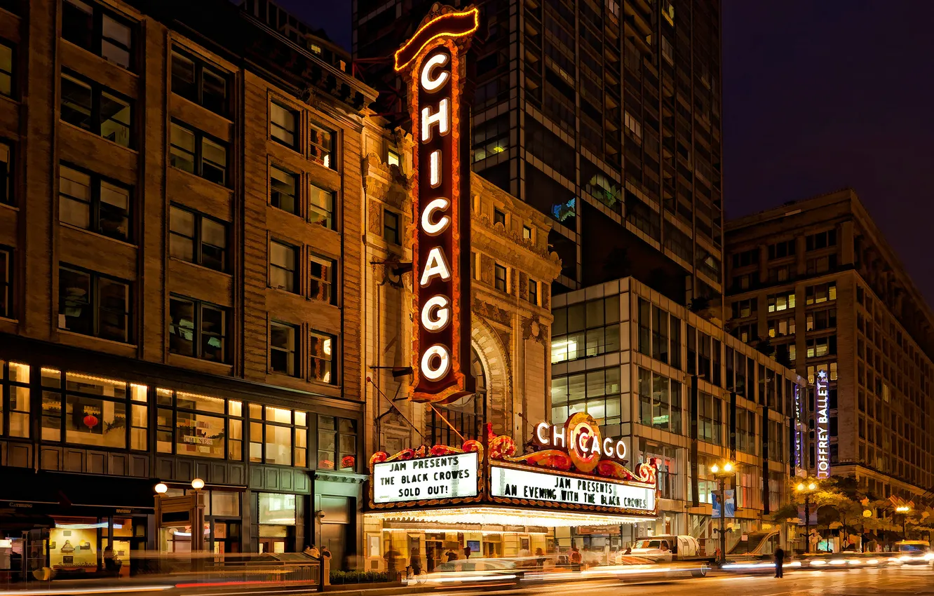 Photo wallpaper night, street, home, theatre, car, Chicago, USA, Theater illuminated