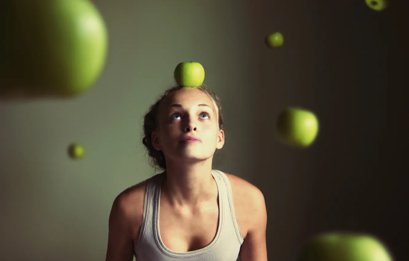 Photo wallpaper girl, background, apples