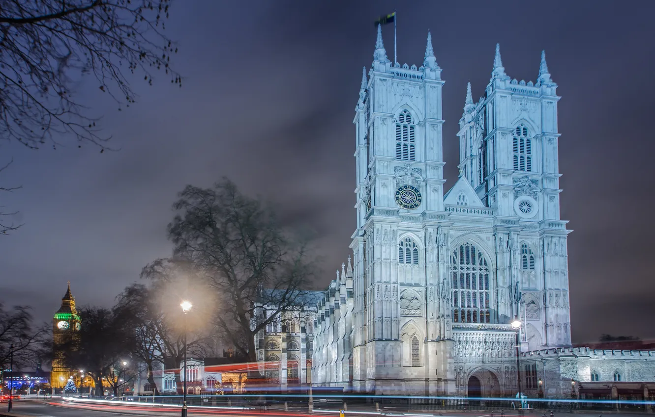 Photo wallpaper night, lights, England, London, Westminster Abbey