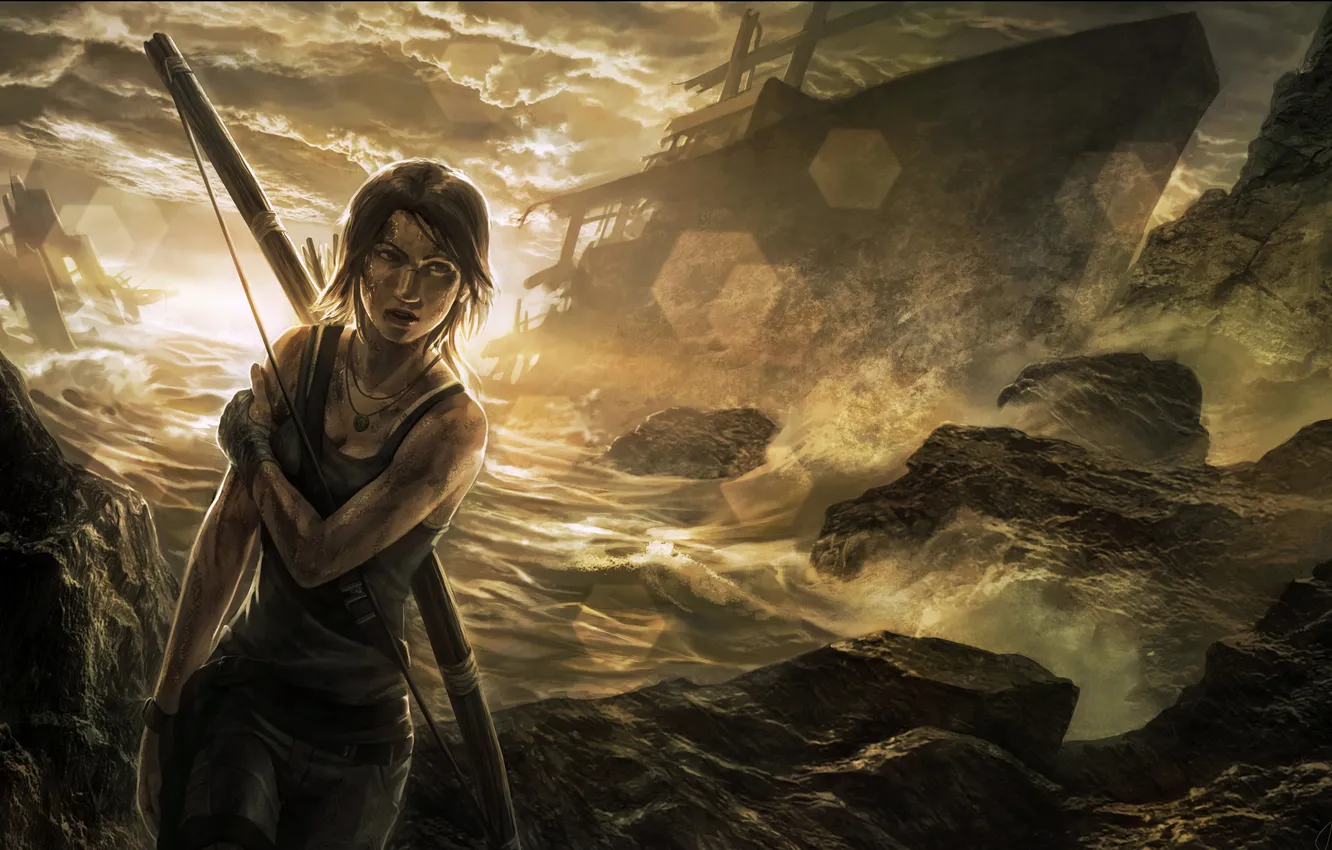 Photo wallpaper girl, ship, bow, Tomb Raider, Lara