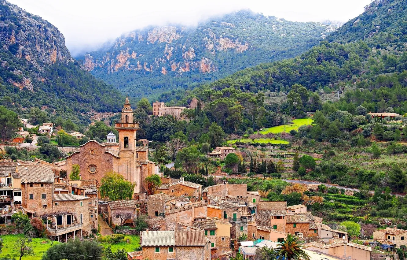 Photo wallpaper mountains, building, home, panorama, Spain, Spain, Balearic Islands, Mallorca