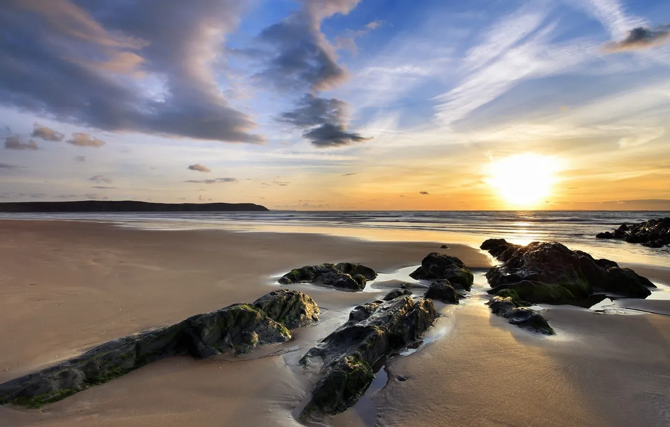 Photo wallpaper sea, the sun, rocks, shore