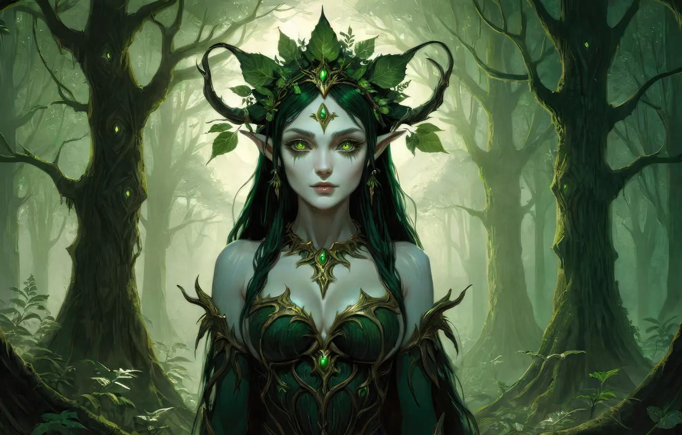 Photo wallpaper forest, girl, trees, forest nymph