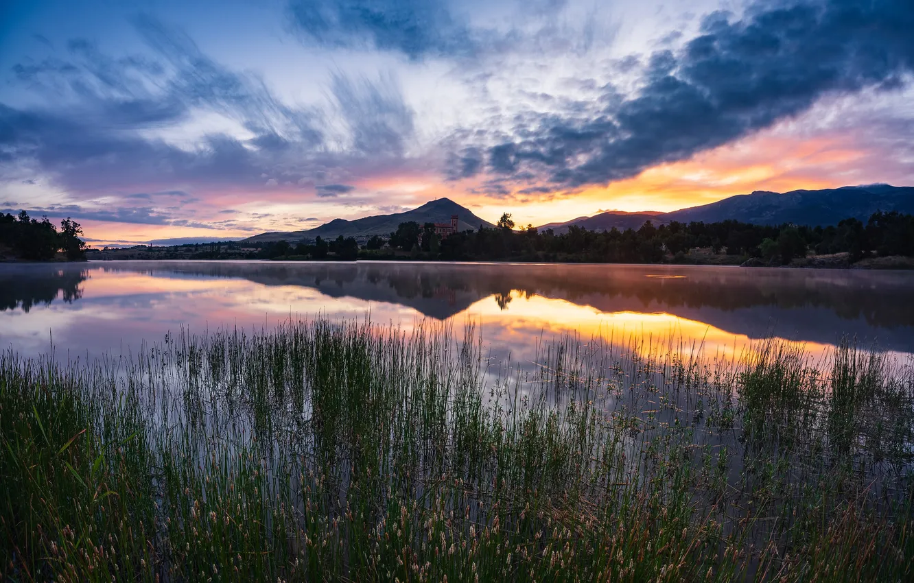 Photo wallpaper forest, the sky, grass, clouds, sunset, mountains, lake, reflection