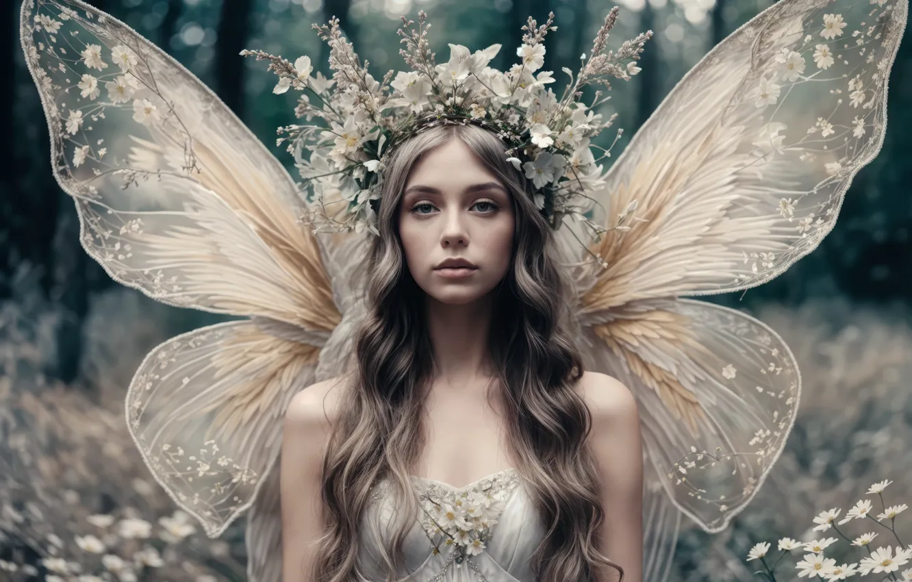 Photo wallpaper girl, butterfly, portrait, wings, elf, AI art, neural network
