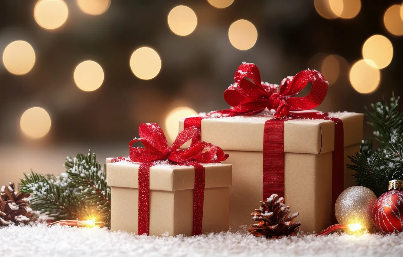 Photo wallpaper lights, box, gift, new year, Christmas, bow, bokeh, AI art