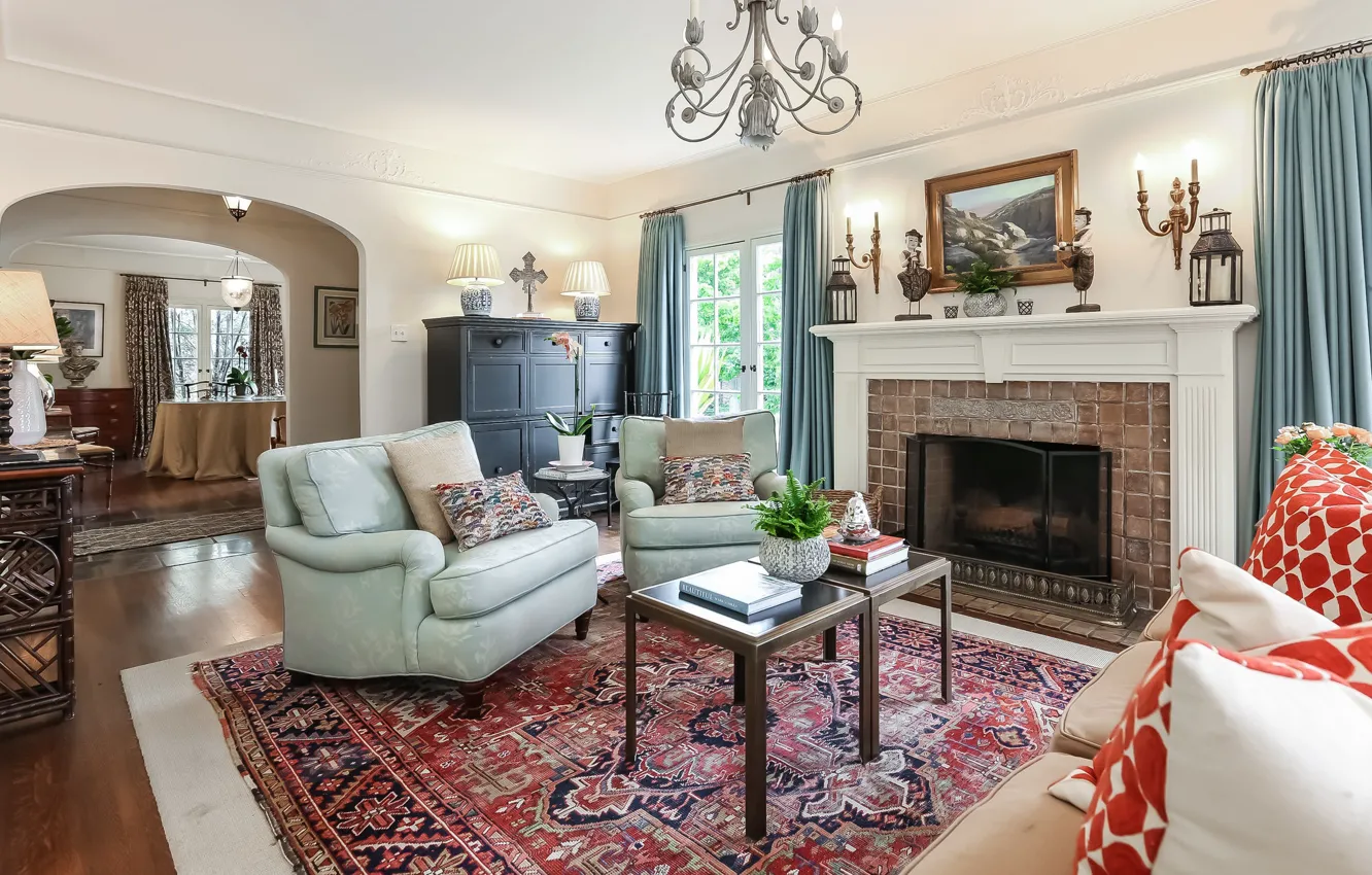 Photo wallpaper design, style, interior, fireplace, living room, cozy, dining room