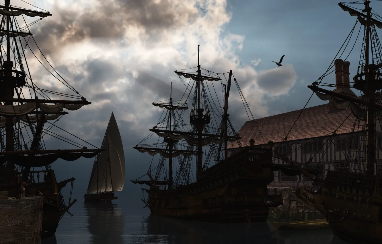 Photo wallpaper water, clouds, ship, port