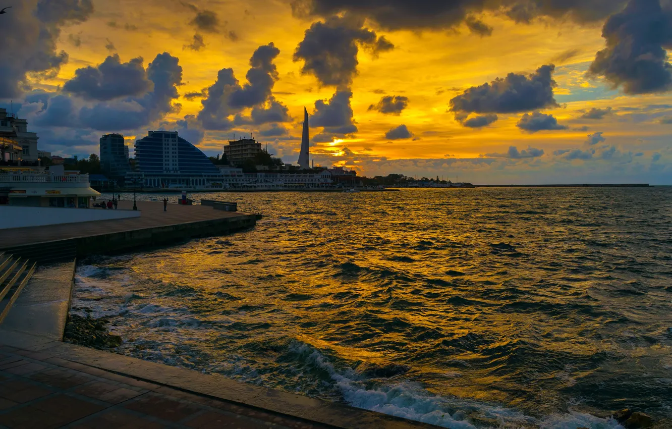 Photo wallpaper sea, the sky, the sun, clouds, sunset, home, horizon, promenade