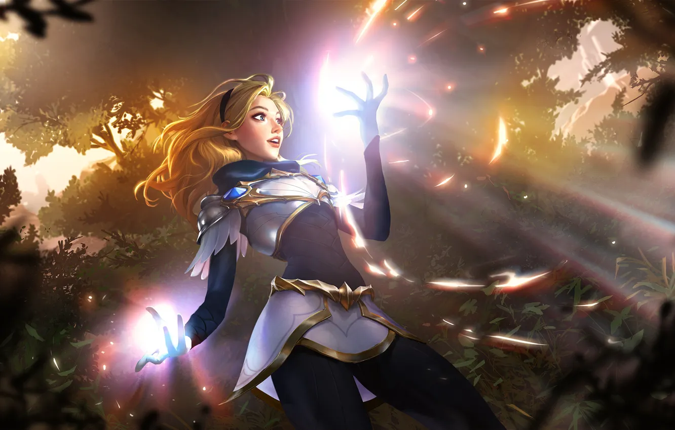 Photo wallpaper LoL, The rapture, characters, Lady of Radiance, Character, the trees, magic, admiration