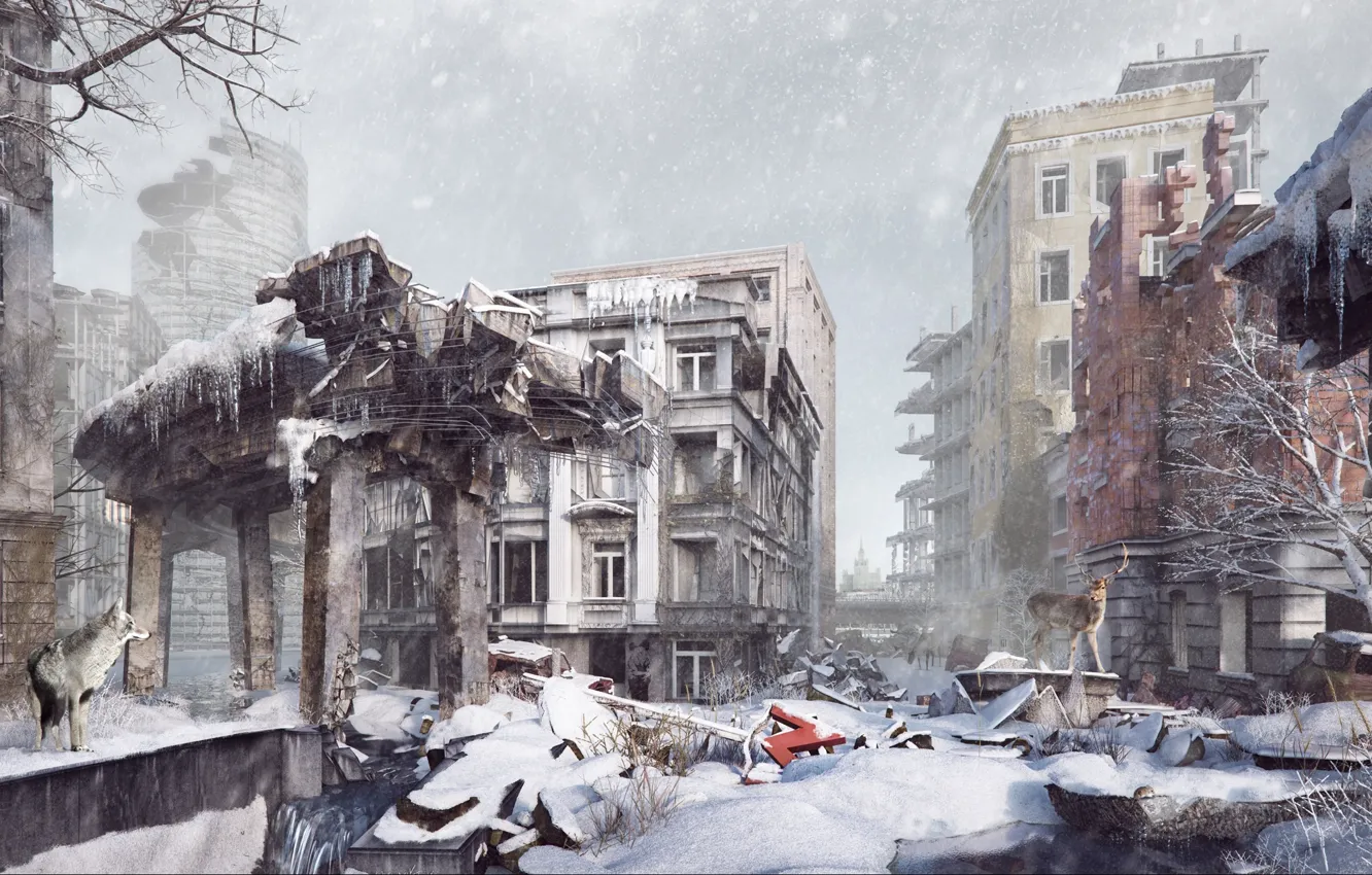 Photo wallpaper snow, wolf, destruction, deer, On the ruins of civilization