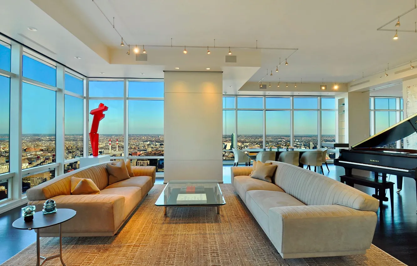 Photo wallpaper interior, New York, megapolis, piano, dining room, living room