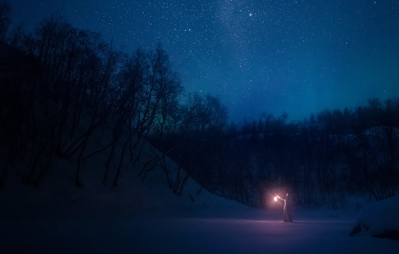 Photo wallpaper winter, forest, girl, stars, snow, night, lantern, the night sky
