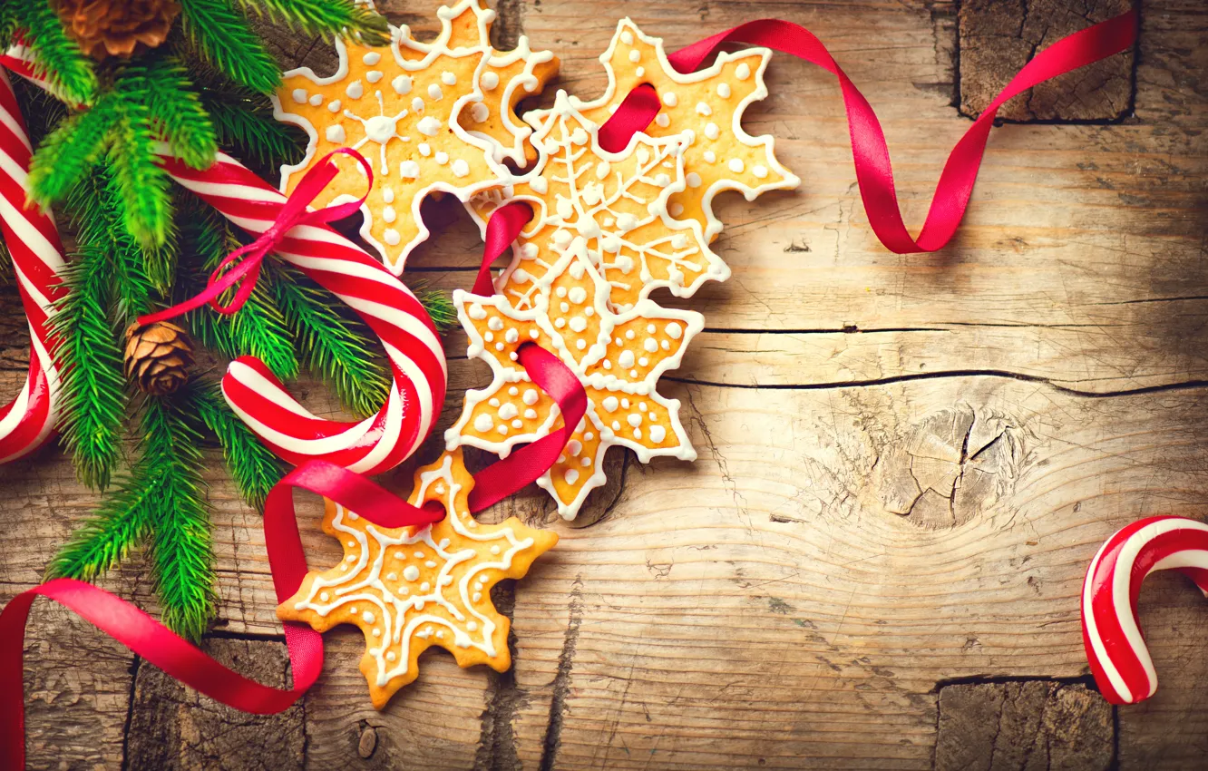 Photo wallpaper New Year, Branches, candy, Snowflakes, Board, Sweets, Food, Cookies