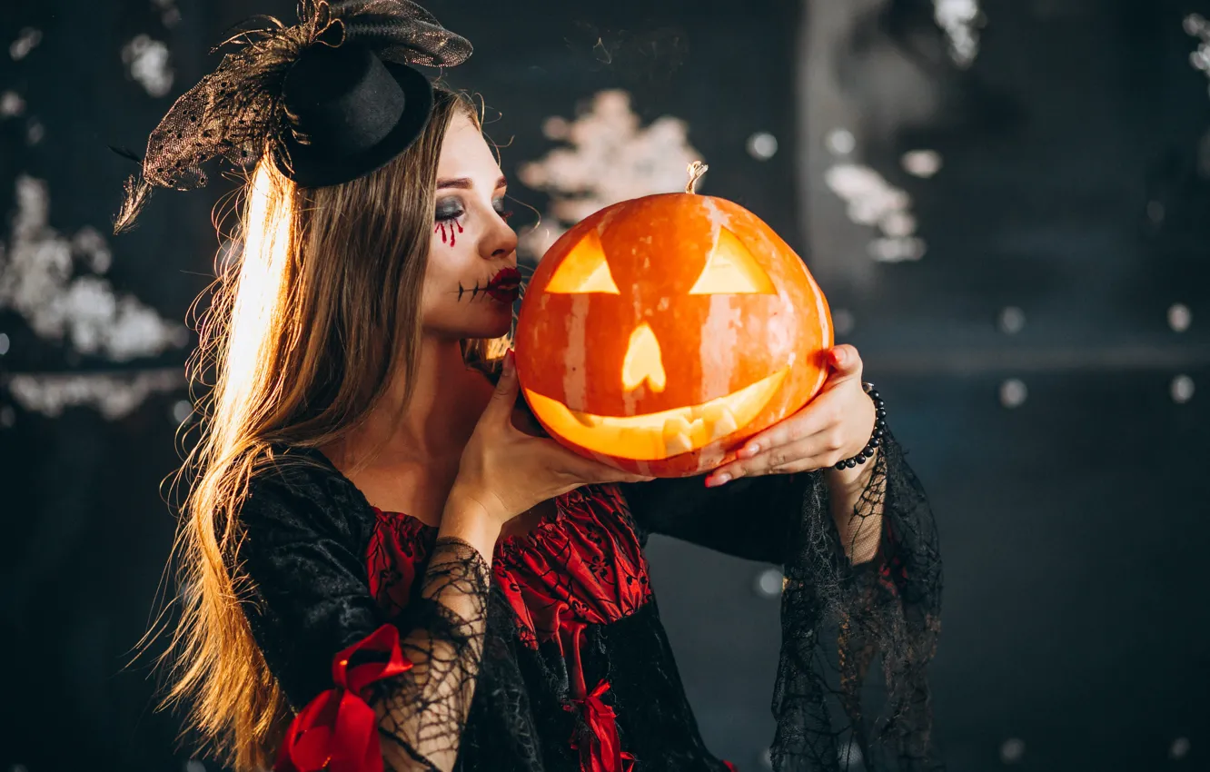 Photo wallpaper autumn, girl, the dark background, holiday, makeup, pumpkin, Halloween, witch