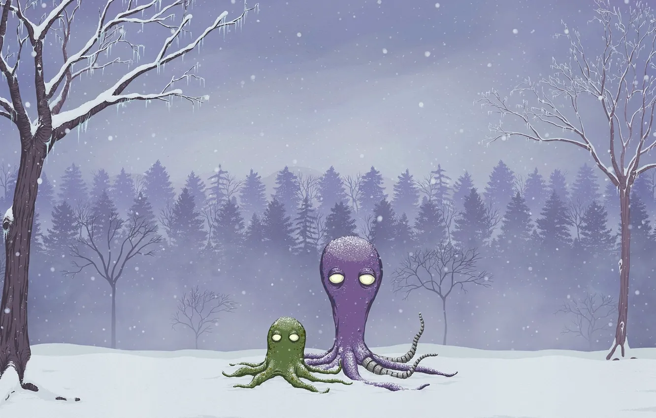 Photo wallpaper winter, forest, snow, figure, octopus, rob sheridan
