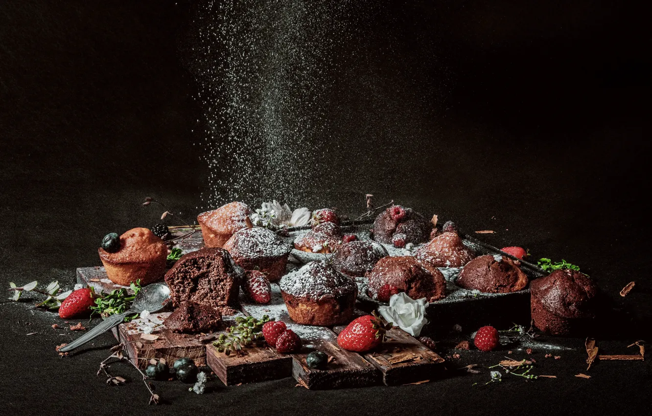 Photo wallpaper berries, cakes, cupcakes, powdered sugar