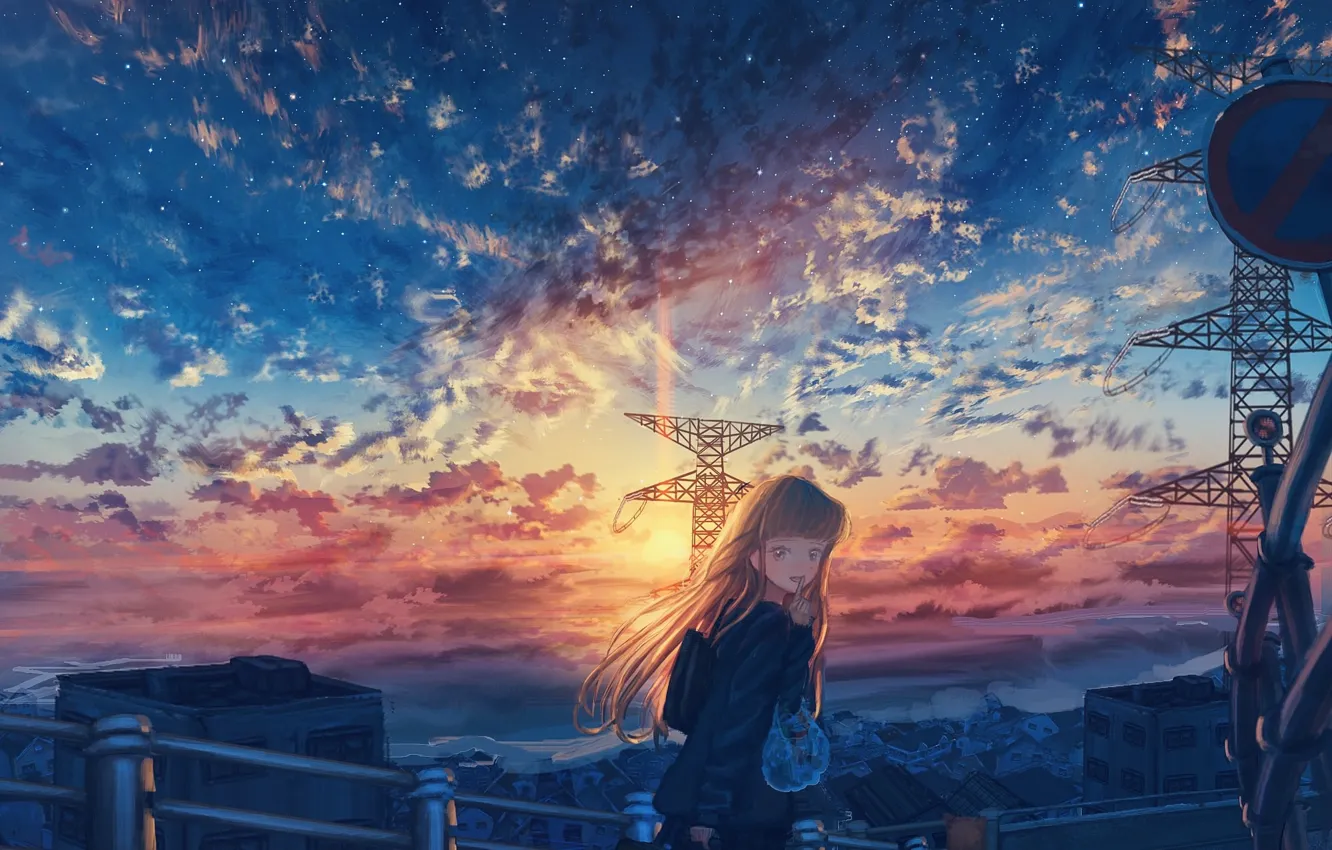 Photo wallpaper sunset, the city, schoolgirl