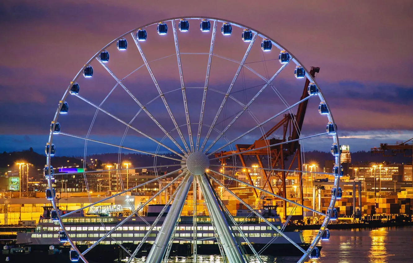 Photo wallpaper lights, home, Ferris wheel, Washington, Seattle