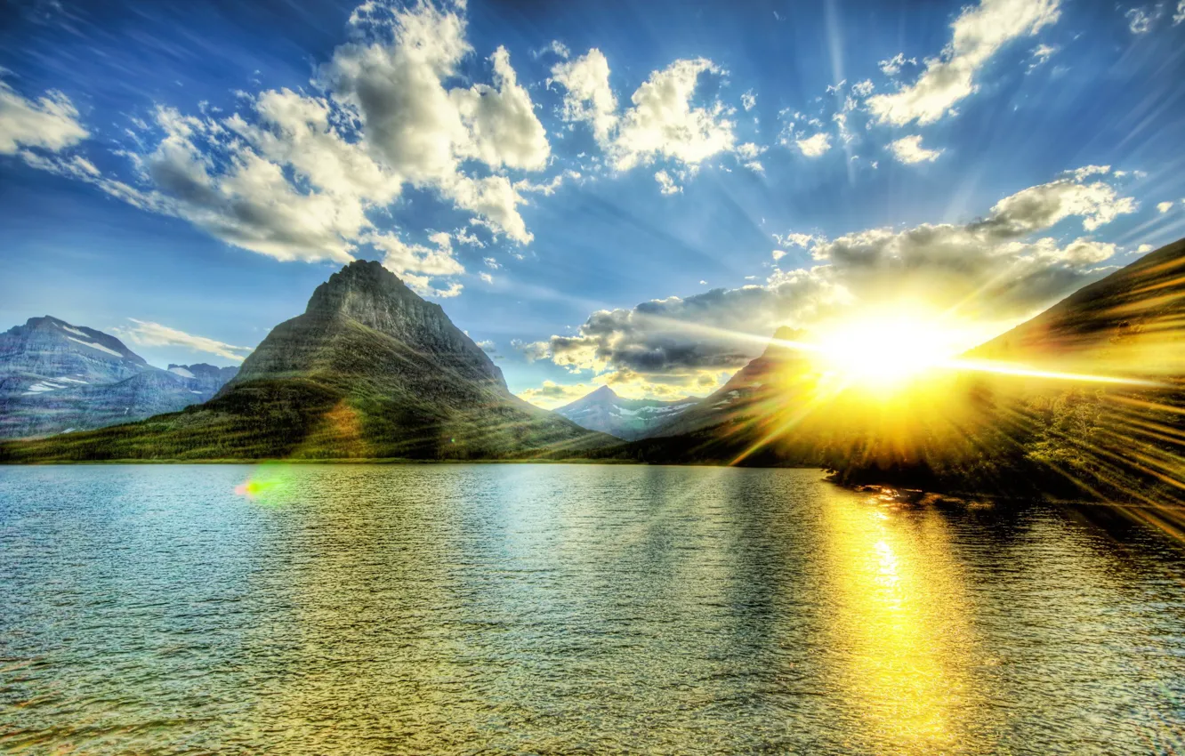 Photo wallpaper the sky, clouds, lake, mountain, The sun, hdr