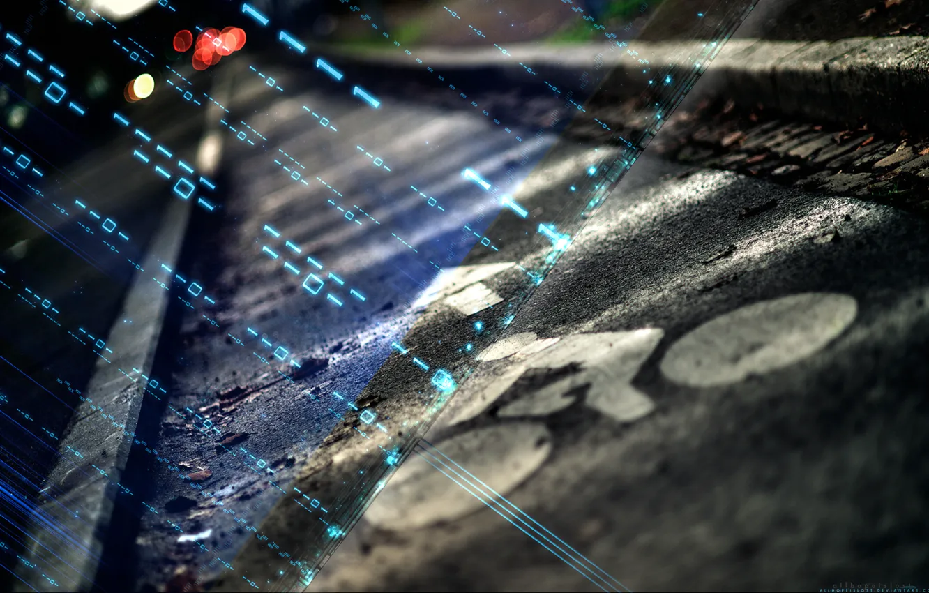 Photo wallpaper road, style, figures, blurred, electronic handwriting, Mixed