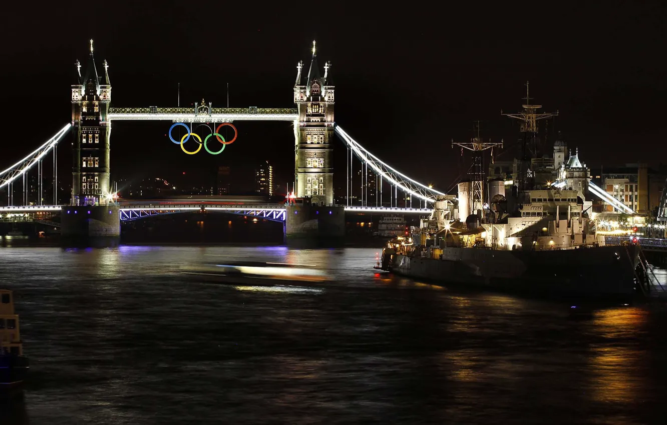 Photo wallpaper night, river, ship, England, London, Thames, Tower bridge, cruiser