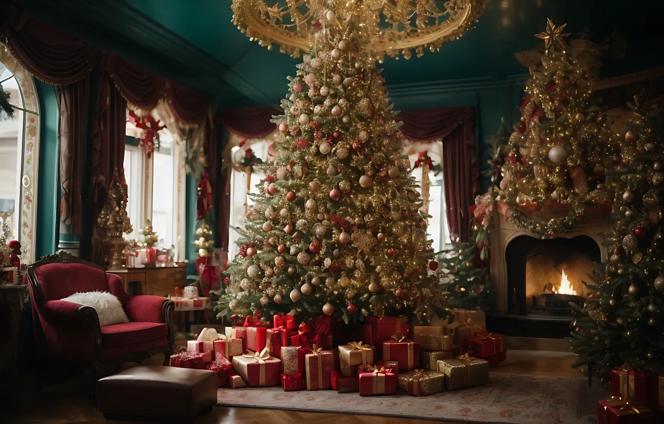 Photo wallpaper decoration, room, gift, balls, tree, new year, interior, Christmas