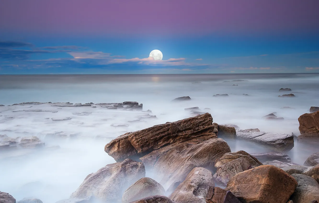 Photo wallpaper the sky, night, fog, stones, the moon, the evening, excerpt