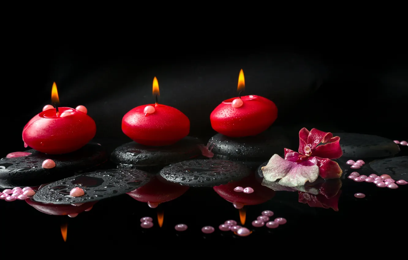 Photo wallpaper flower, water, candles, Orchid, pearls, Spa stones