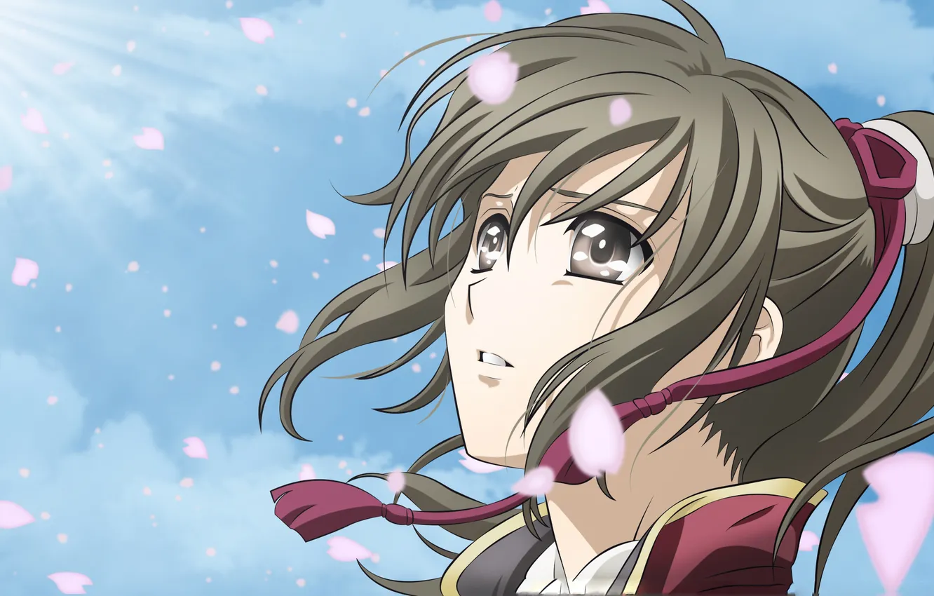 Photo wallpaper eyes, look, girl, anime, Hakuouki, Yukimura Chizuru, cherry blossoms, Shinsengumi Demons Sakura