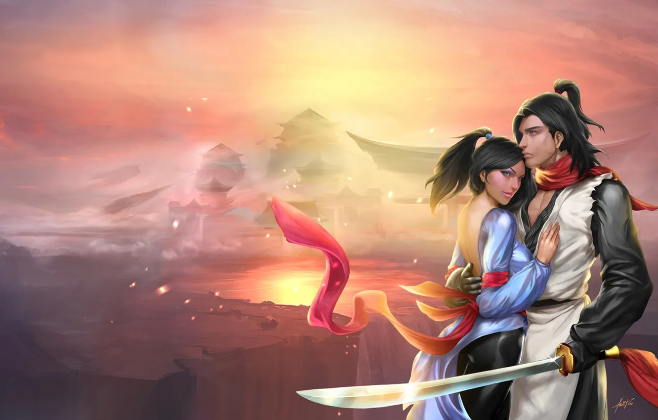 Photo wallpaper girl, fog, sword, warrior, tape, Palace