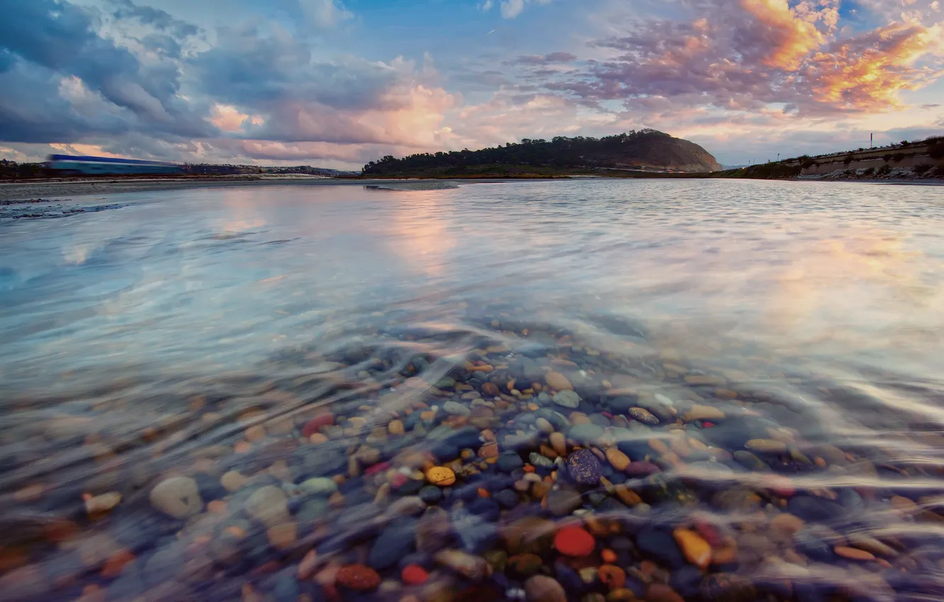Photo wallpaper road, the sky, water, clouds, stones, train, excerpt
