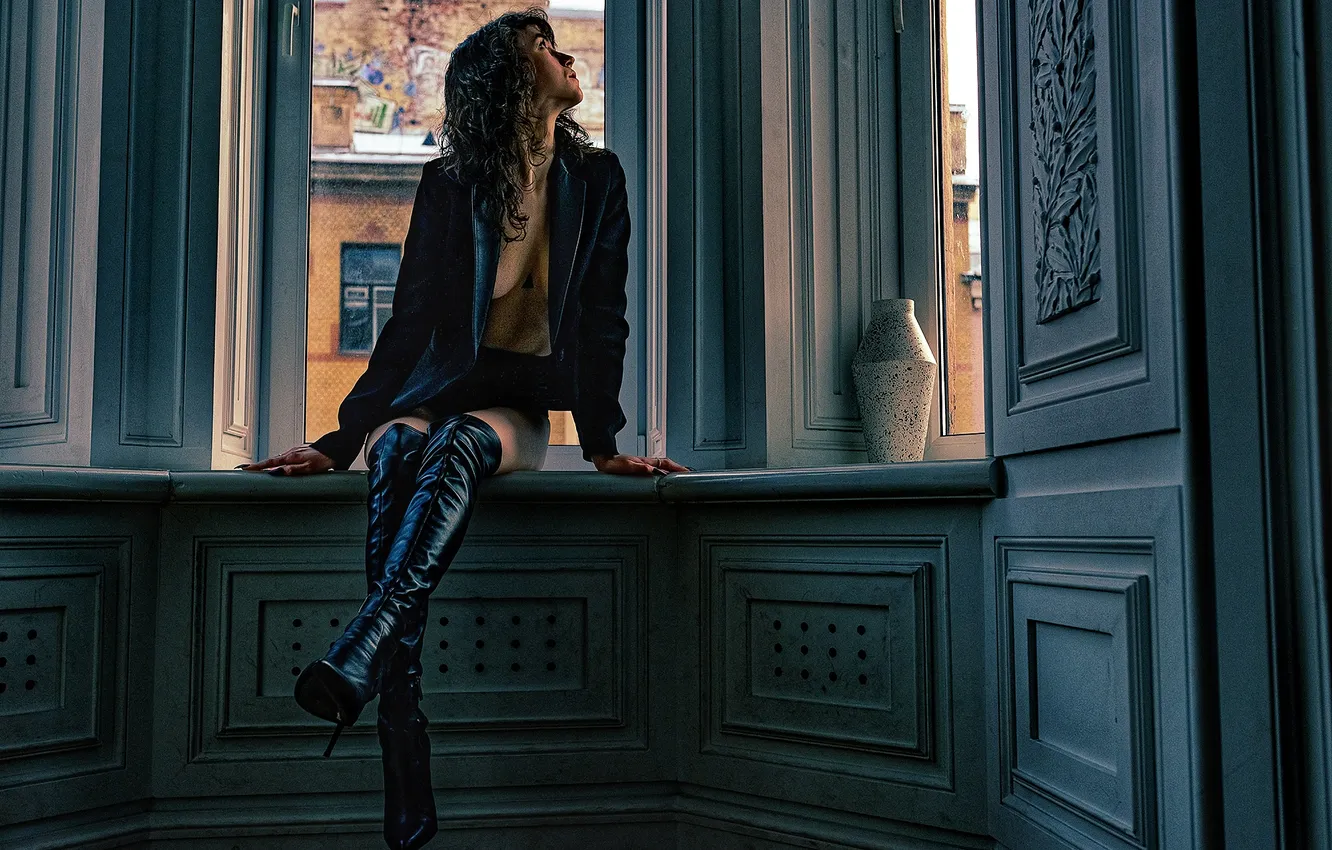 Photo wallpaper girl, beautiful, model, sweet, boots, jacket, curly, Charming