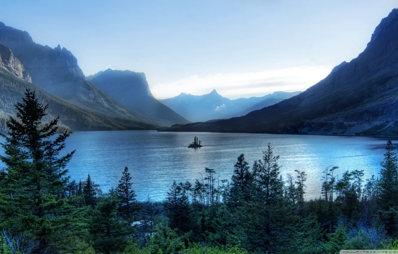 Photo wallpaper forest, trees, nature, mountains, lake, island, morning, Glacier National Park