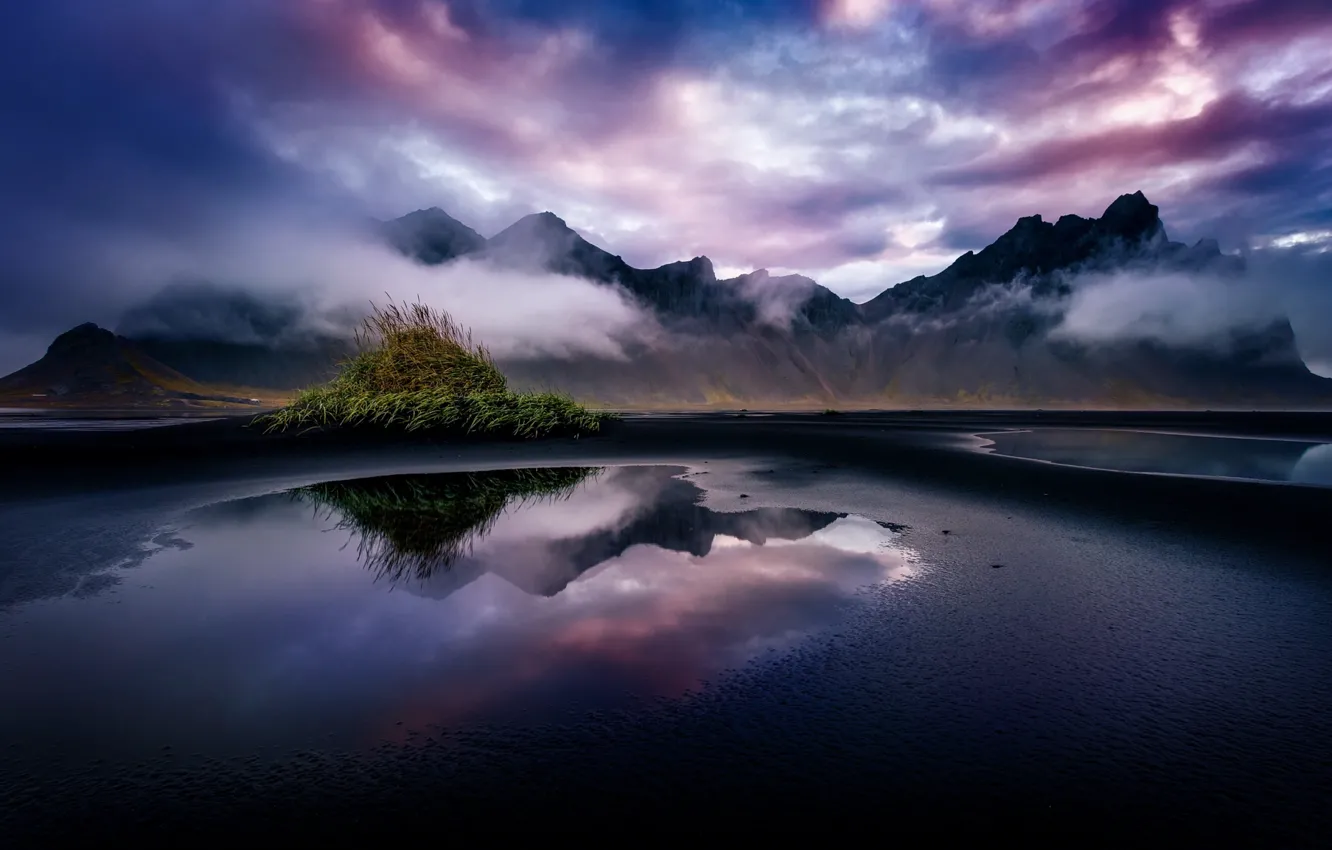 Photo wallpaper clouds, mountains, fog, Iceland, Stones