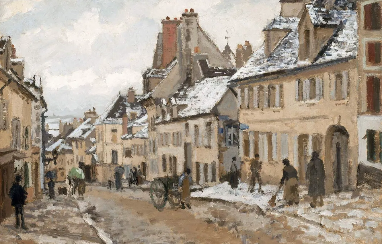 Photo wallpaper street, home, picture, the urban landscape, Camille Pissarro, PONTOISE. The road to Gisors in Winter
