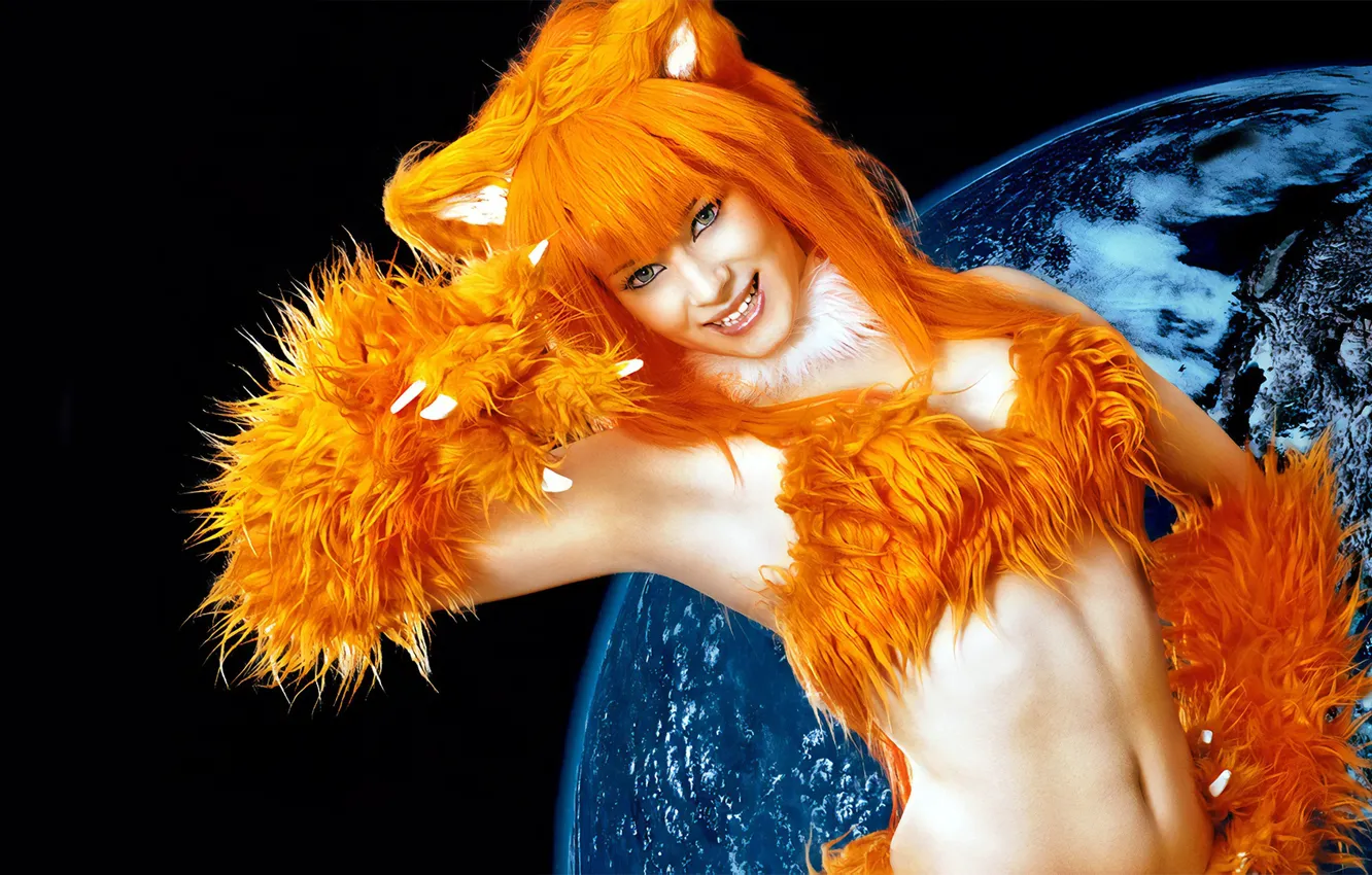 Photo wallpaper girl, earth, planet, Fox, claws, red, ears, red hair