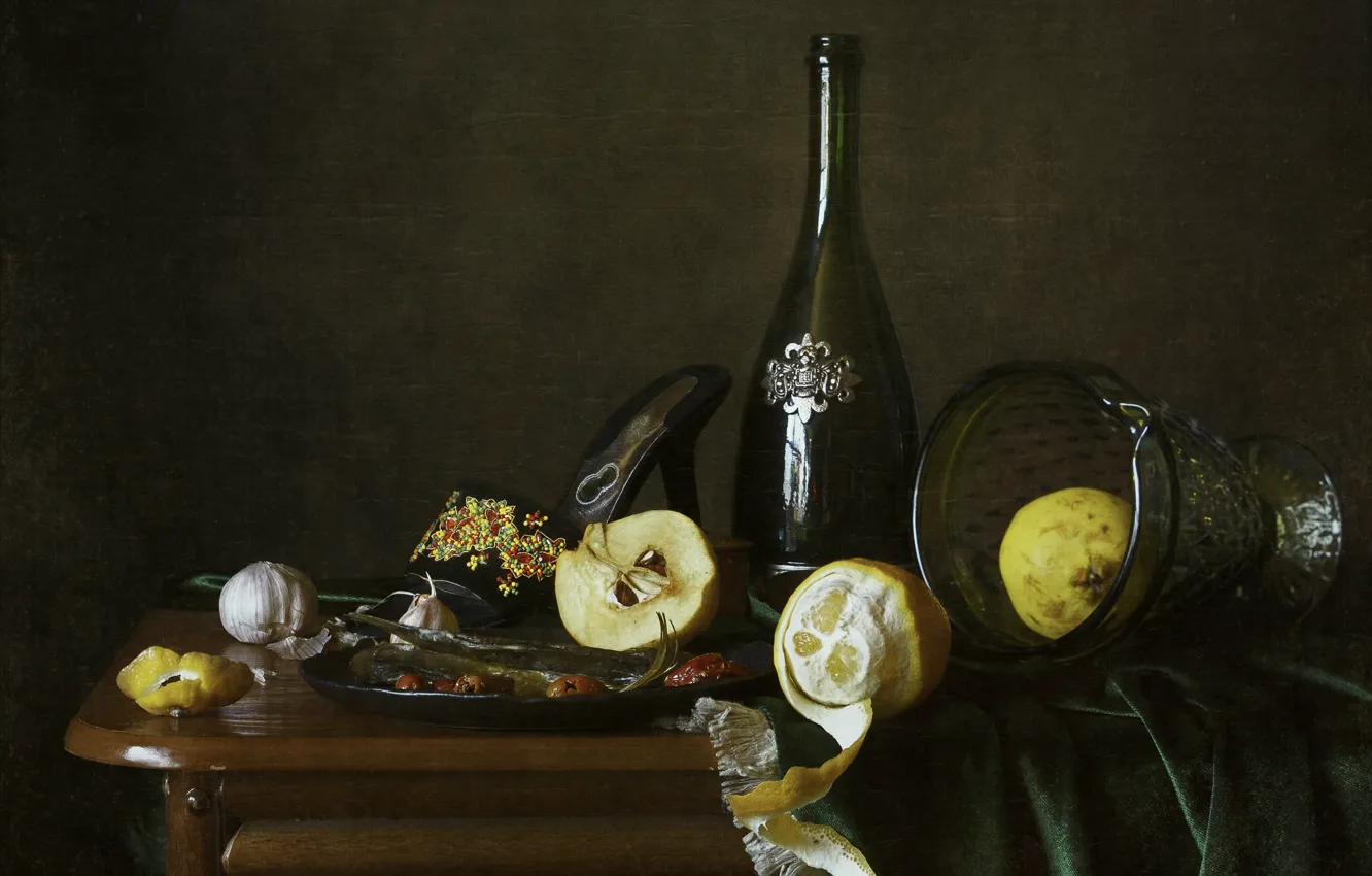 Photo wallpaper table, lemon, bottle, still life, pear