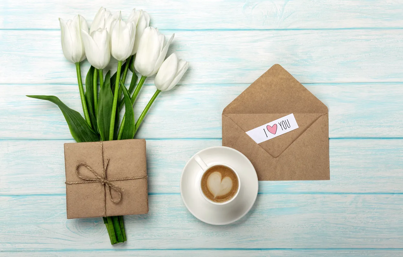 Photo wallpaper love, gift, bouquet, love, romantic, tulips, coffee cup, valentine's day