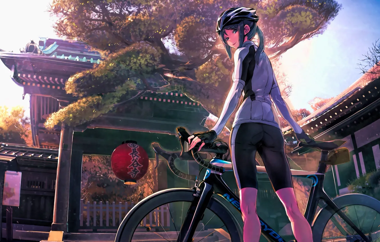 Photo wallpaper bike, street, Japan, lantern, temple, helmet, schoolgirl, sports wear
