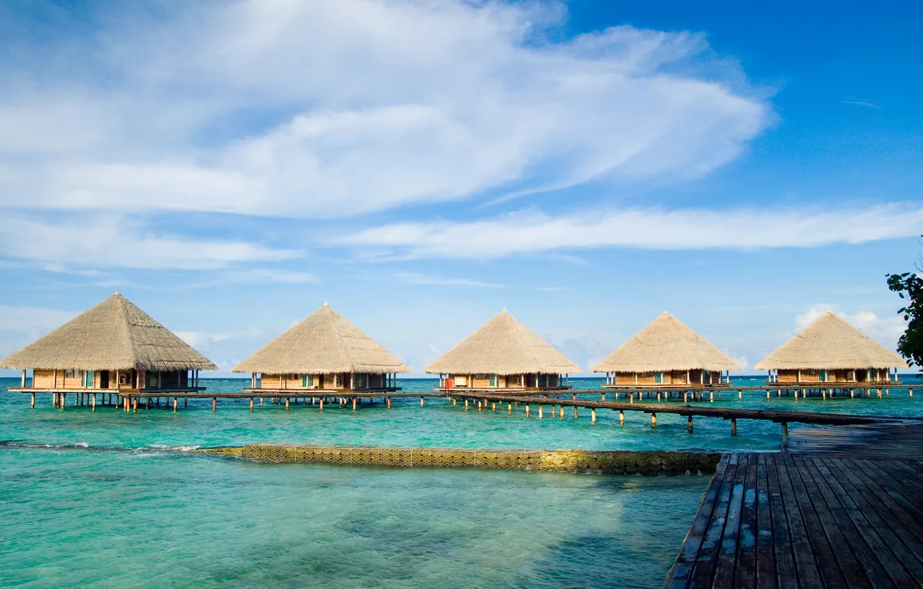 Photo wallpaper sea, beach, summer, the sky, palm trees, vacation, summer, hut