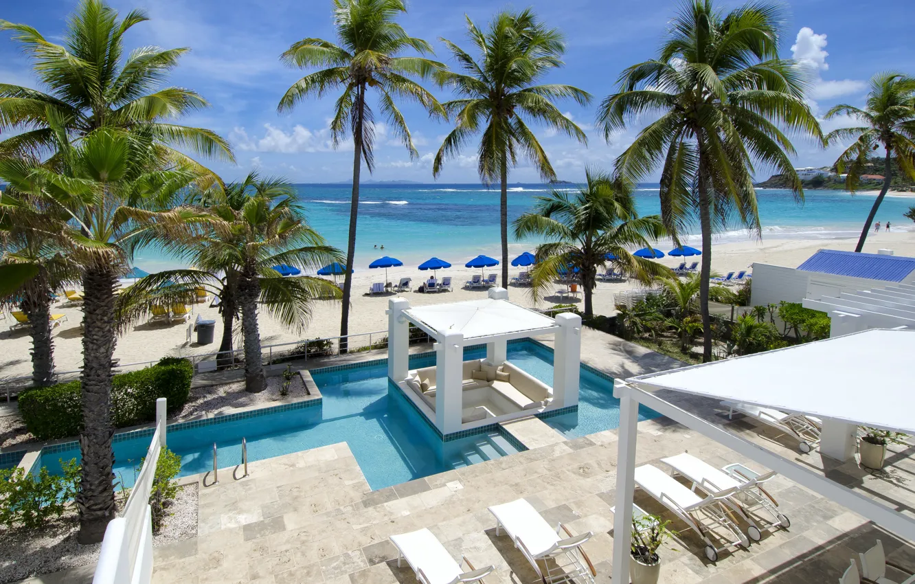 Photo wallpaper beach, palm trees, the ocean, pool, resort