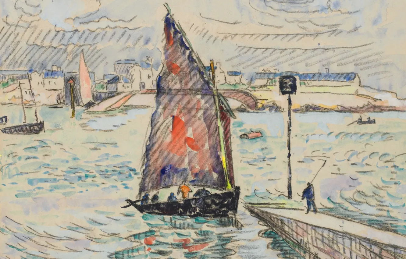 Photo wallpaper boat, figure, watercolor, sail, Paul Signac, Port Louis