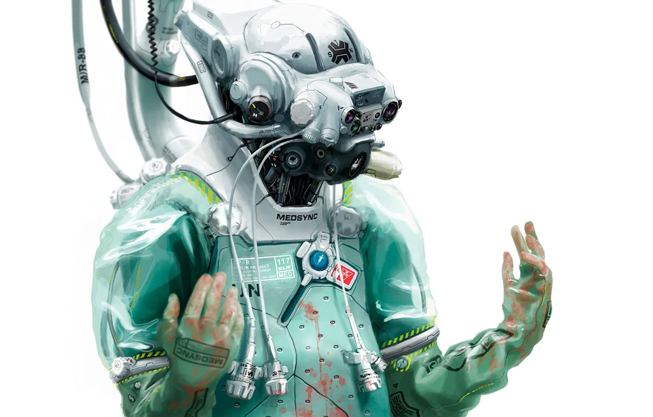 Photo wallpaper wire, robot, gloves, cyberpunk, sci-fi, cuberpunk