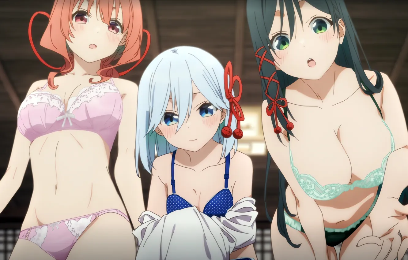 Photo wallpaper sexy, lingerie, bra, cleavage, panties, green eyes, long hair, girls