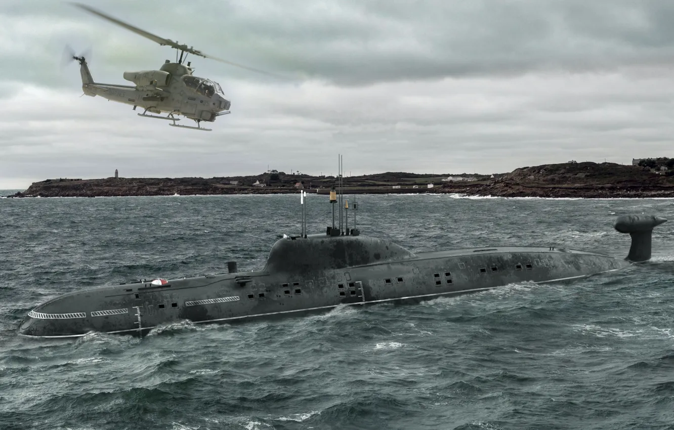 Photo wallpaper sea, submarine, helicopter